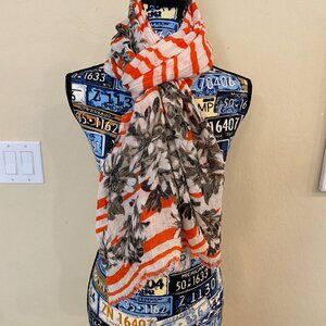 J Crew Scarf 50% Linen, 50% Viscose, Orange Black, White Stripes/Floral raw edge